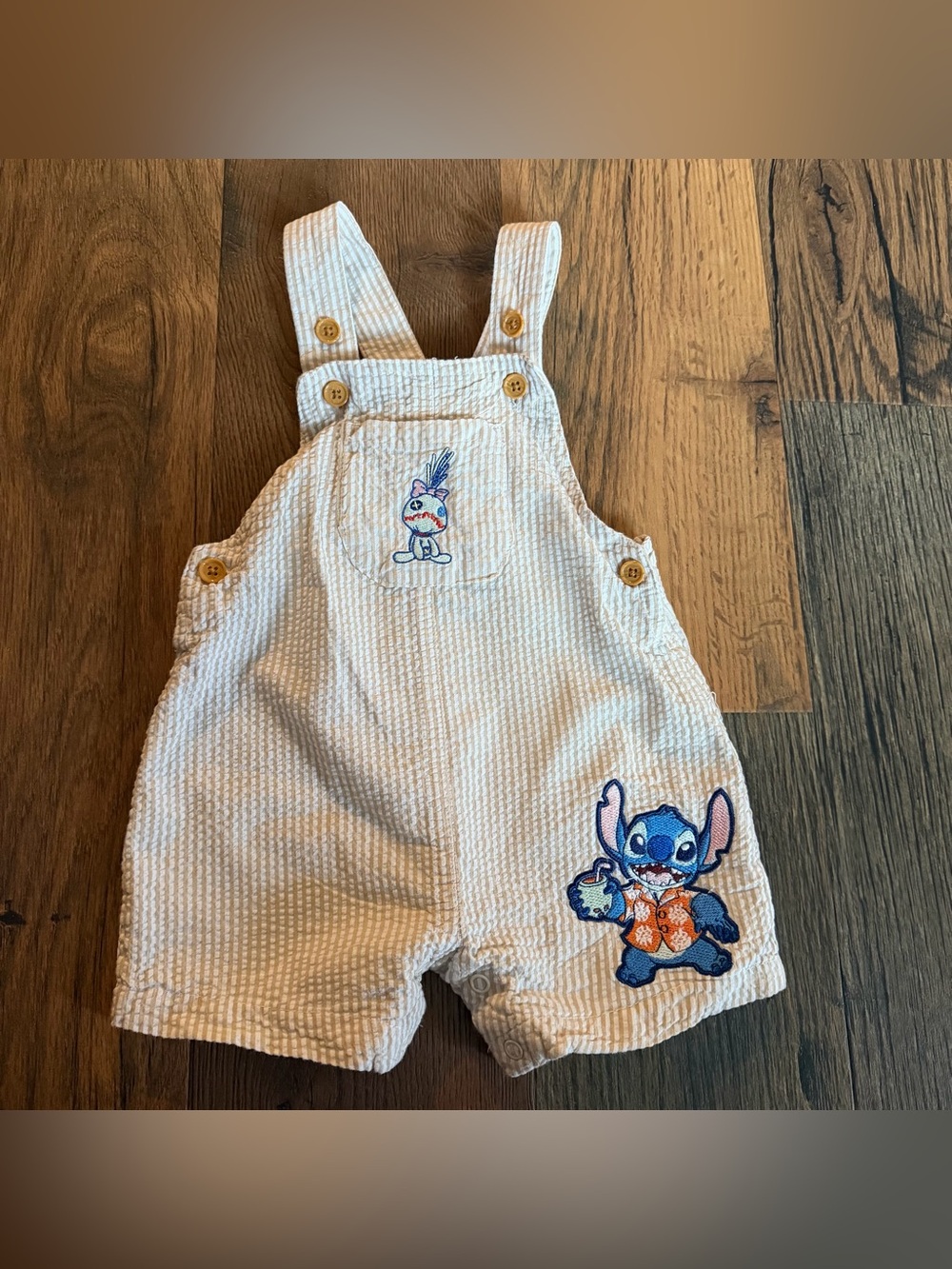 Disney Cream Seersucker Overalls with Blue Stitch Embroidery